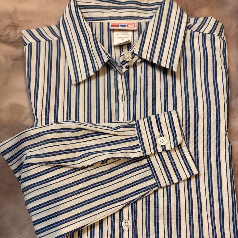 American Sweetheart Blouse  Long Sleeves Blue/White Stripes  Small Button Down
